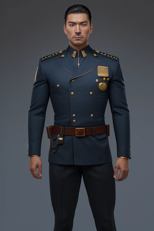 30 year old man latin appearance asian russian muscular build dark blue police uniform gold badge gun belt brown leather belt gun holder dark blue heel new orleans background 