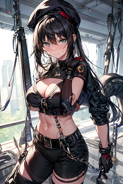 ubel,dark green hair,long hair,side ponytail,hair between eyes,bangs, BREAK (beret, black jacket, open clothes, cleavage, midriff, black shorts, black thighhighs, thigh strap, fingerless gloves, single glove:1.2), Photo,sharpness, F1.6 lens,hyper-realistic textures,spectacular light textures, Cinestil 800 Fashion Mechanics,(((Beautiful woman with left leg restrained and hung by chains))),Appearance,Beautiful girl with accentuated slender abs: 1.1,six-pack abs: 1.1, Bust Botox,Standing on tiptoe, long legs,Long brown hair fluttering in the wind,Brown hair, Long hair, Female Warrior Costume,(No panties,No bra),(tacticul battle fashion,elbow and knee tacticul battle fashion, battle glove: 1.1),((cute batre costume)),The belly comes out and the navel is visible,Thin sheer costume, combat gloves,shredded costumes,cyber long combat boots with golden knee pads,Anatomical,(futuristic sci-fi battle fashion, new elbow and knee cyberpads, new cyberlong boots, new cybergloves: 1.1),(tied perfectly by iron chain), Restraint, Slave, collars, contempt, (Chained), 4 chains hung from heaven, Metallic shackles and fetters, wet crotch clearly visible,((Hands are restrained above the head)), the neck is chained,Chain from left knee to heaven,Chained by rusty iron chains,((the tip is protruding, areolas protruding,The shape of the pubic area is clearly visible:1.2)),Sweating,Wet,Wet crotch,Wet thighs,Junkyard, Realistic, (cute, perfect clothes, skimpy clothes, cute: 1.3) ,Vast miritary base in us,((wide mirtary hospital with summer sunlight)), peeling ceilings, Rebar between, Realistic material details, Extreme details, Ultra-realistic materials,narrow waist,(with sparkling eyes and a contagious smile:0.9),looking at viewer,