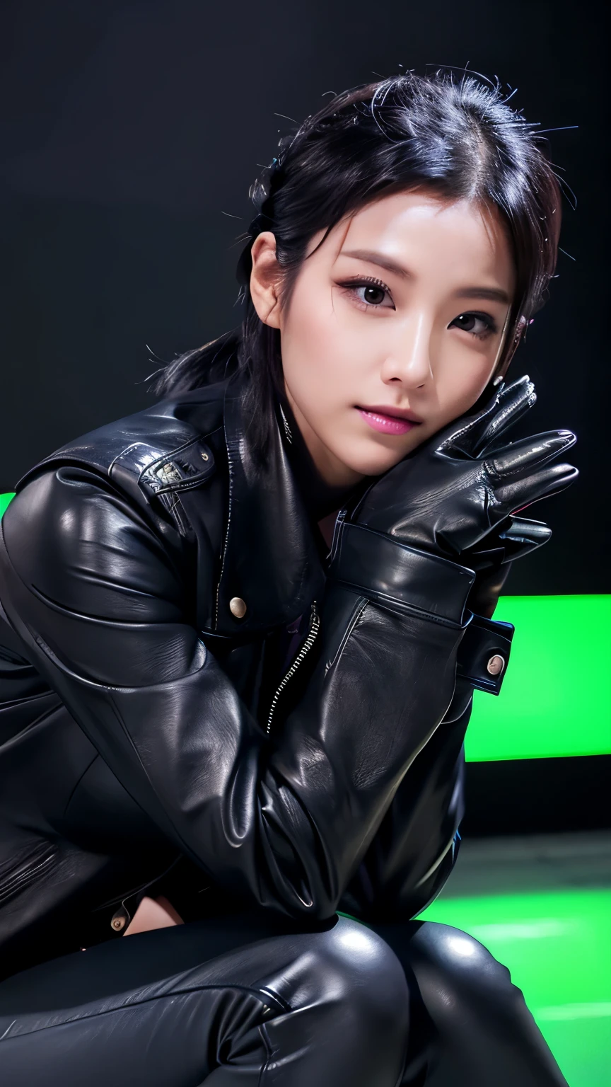 black leather rider jacket, Office in the Dark, Black leather gloved fingertips on both hands,Wearing black leather gloves,Sitting in a black leather chair、 Japanese female new recruits (Black leather gloves cover both hands) (The angle is horizontal)、Black Leather Pants,Black Leather Black Leather Pants,Black Leather Skinny Pants、Long black leather boots on both feet、Black hair ponytail ((He wears black leather gloves on his hands))Full Body Photo,full body shot full body full body leather suit,☺If you turn in this direction。Wearing black leather gloves,Wearing black leather gloves,Wearing black leather gloves,Wearing black leather gloves,Wearing black leather gloves,Wearing black leather gloves,黒のレザーパンツが美しい😍黒のレザーパンツが美しい😍黒のレザーパンツが美しい,😍Smiling while looking at me,City lights、((Neon Cyberpunk City Street:1.3))、(Neon Light)、Detailed lighting、
Best image quality、Ultra-high resolution、(realism:1.4)、Korean Beauty Star、The most beautiful KPOP stars、face、Horny Korean Makeup、A body that makes you want to touch it、Realistic leather texture、Costume made of smooth leather fabric、The drape of the curved parts of the leather fabric、The costume has a strong shine、costume quality、8K Photo Quality