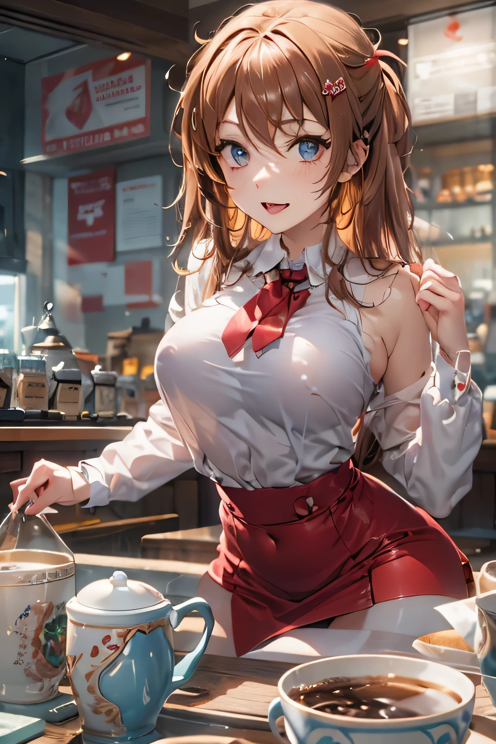 (Photorealistic:1.8, highest quality:1.8,8K masterpiece:1.8,High resolution,Mastepiece:1.8,RAW Photos,Cinematic lighting),No split screen, morning、Classic coffee shop、(23-year-old woman drinking coffee:1.5)、 (Soryu Asuka Langley)、
(choker、secretary uniform、White Shirt、mini skirt、Beautiful ass,Beautiful thighedium chest、Beautiful breasts、Plump nipples)、
Shortcuts、(Beautiful, shining red, blue, white, and brown hair:1.5)、Sparkling Blue Eyes、Fine Lines、Smiling happily