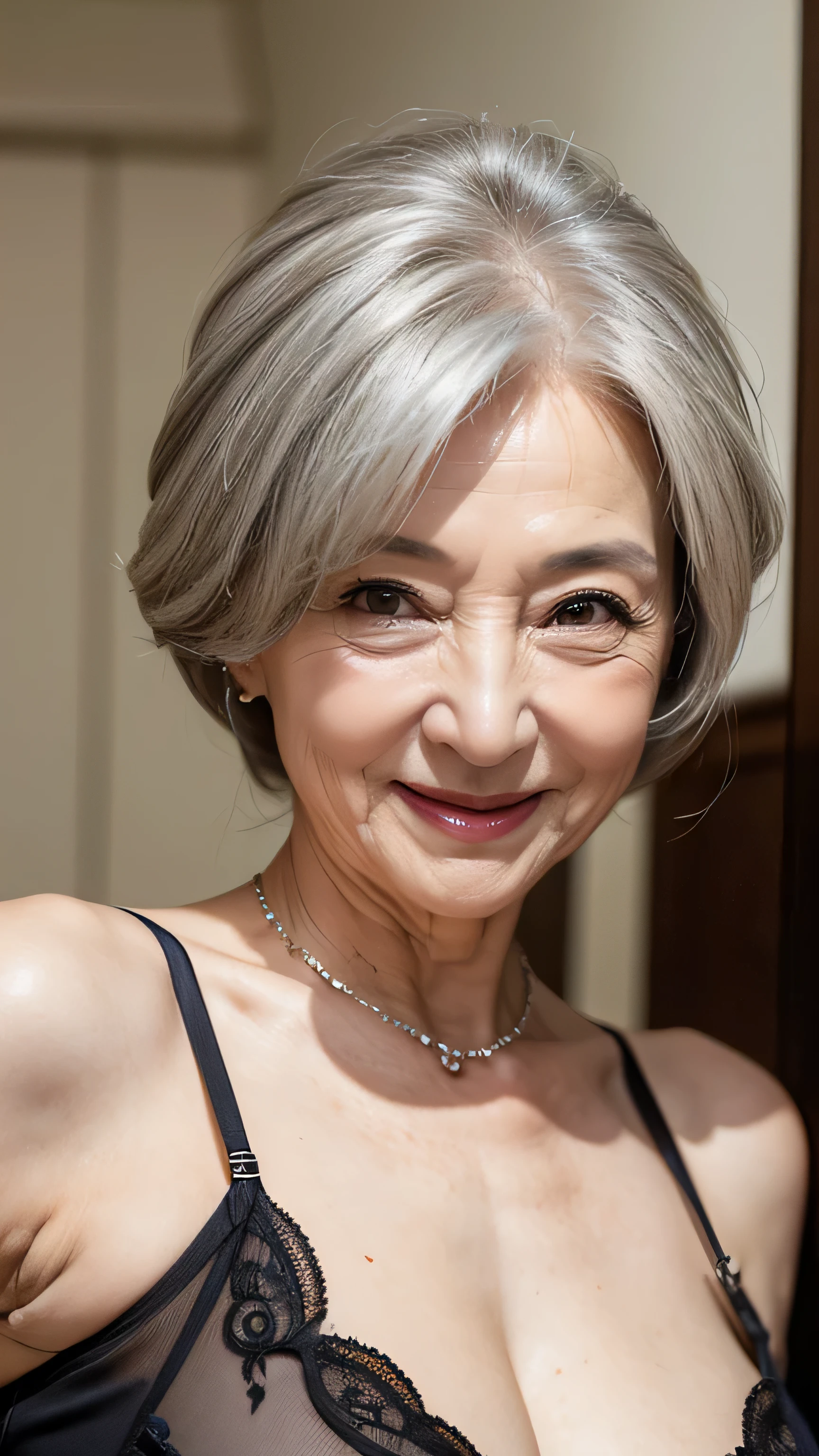 (Masterpiece:1.4),(67-year-old woman:1.4),(Wrinkles on the face1.25),smile,sexy pose,erotic lingerie,gray hair