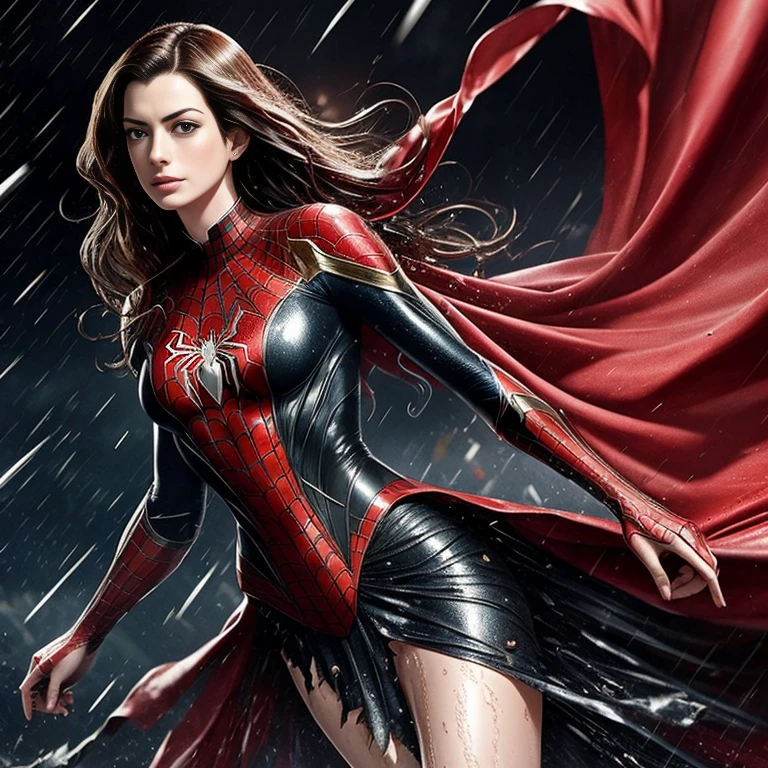 Anne Hathaway、マーベル・コミック映画のPoster, Very beautiful, Movies about Spiderman, sexy, whole body, I'm wearing a skirt、Premiere date, Poster、belly buttonを突き出す、new york、She's wearing a torn Spider-Man suit,The suit is torn、Wearing a skirt、 Red and black color scheme,dynamic、masterpiece、highest quality、Ultra-detailed、Very detailed、A delicate and beautiful shine、超A high resolution、Cinematic,Break,Breakdrop,(Torn clothes:1.5), (Wet clothes:1.4), Bare shoulders,Real Rain,Wet Hair,belly button、Exposing Skin、sexyな肩を見せてる