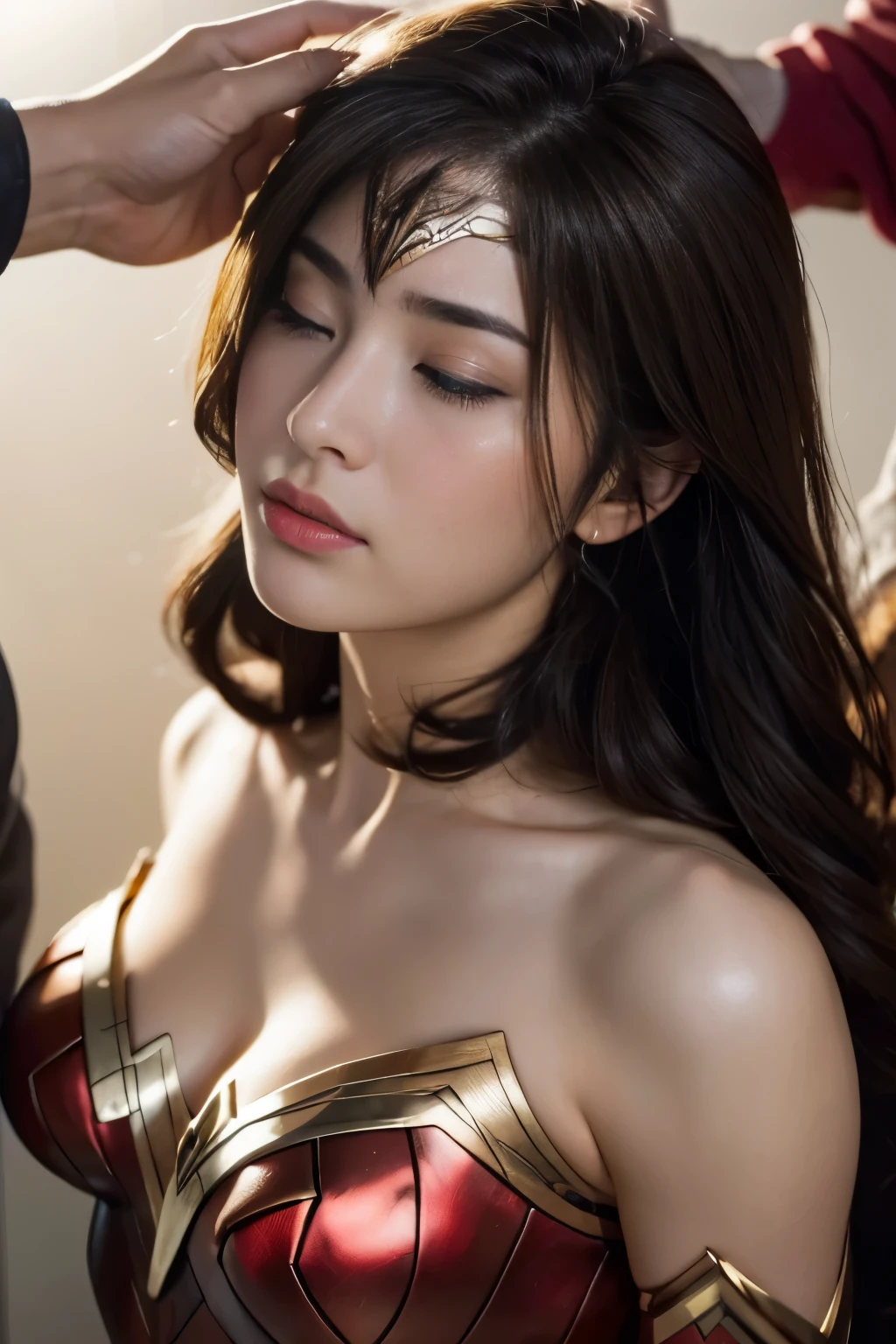 drop down,On my back,Downward,Lie,perfect wonder woman costume,sleeping face,Close ~ eyes,,Tired face,Face of Suffering,sleeping face, Assaulted by a man,bullied by a man,Was sexually abused by a man,Captured by a man,Detained by a man、Hair is pulled hard,My head is grabbed,licked my hair,lick my face,brown hair,  Tape gag, Gagged, duct tape, tape bondage, Put your arms behind your back, Arms tied,masterpiece、beautiful girl、fine 目、puffy eyes、highest quality, 超High resolution, (reality: 1.4), Cinema Lighting、Japanese、Asian Beauty、Korean、so beautiful、Beautiful Skin、(超reality的な)、(High resolution)、(8k)、(Very detailed)、(beautiful and fine 目)、(Very detailed)、 (wall-)、Detailed face、Bright lighting、Professional Lighting、slanted bangeshi hair、brown hair、20-year-old、Wonder Woman Cosplay，Wonder Woman&#39;s Tiara