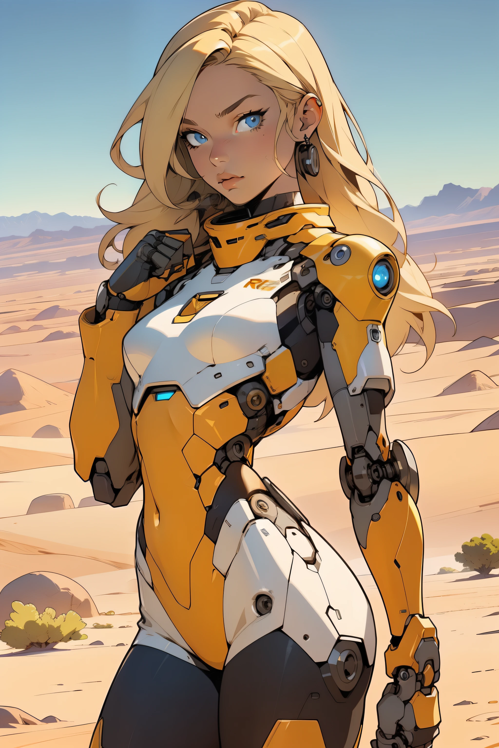 high quality, 4k, masterpiece, beautiful, cyborg girl, cowboy shot, blue eyes, front, looking at viewer, long blonde hair, girl, small breasts, fit thighs, robotic arms, robotic body, cyborg body, white & yellow uniform, orange accent, intricate detail, joint, detailed lines, robotic detail, holding fist up, holding hand up as fist, color robotic parts, robotic parts with color, perfect fingers, on a desert planet, sunny background, colorful desert, a river or a lake in the background, slender thighs, skinny thighs,