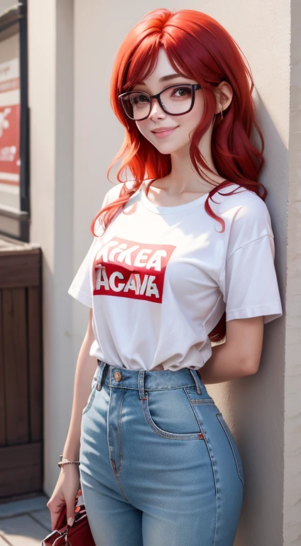 Slim face of western girl with red hair., cabello recogido en una cola de caballo sin flequillo, small breasts, usando lentes grises, Vestida con pantalones blancos, camiseta blanca y bata blanca. con una sonrisa malvada y posando con fondo rojo,Pixar Disney Estilo Cartoon