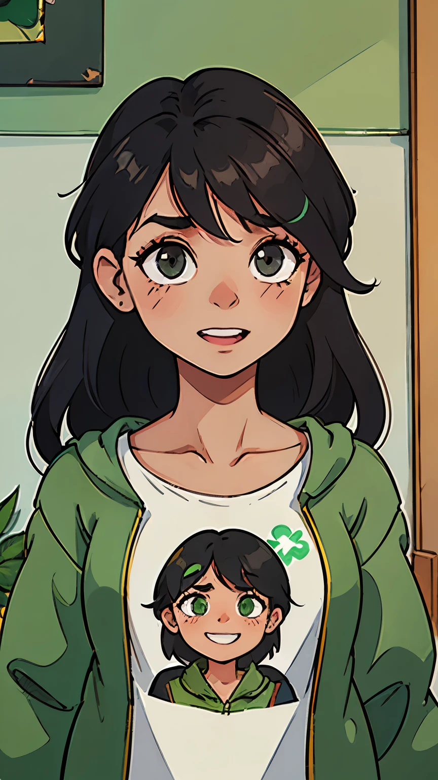 Crie uma garota, with hair down to the neck, your hair is black with some green strands, your sweatshirt is also green, your left eye is green and your right is blue, with a cheerful and happy expression.