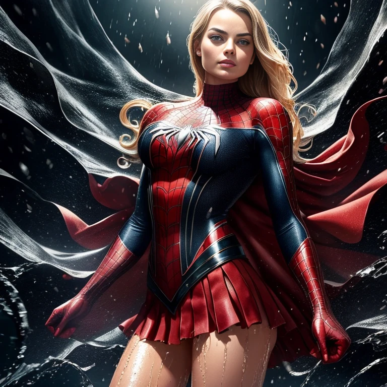 Margot Robbie、マーベル・コミック映画のPoster, Very beautiful, Movies about Spiderman, sexy, whole body, I'm wearing a skirt、Premiere date, Poster、belly buttonを突き出す、new york、She's wearing a torn Spider-Man suit,The suit is torn、Wearing a skirt、 Red and black color scheme,dynamic、masterpiece、highest quality、Ultra-detailed、Very detailed、A delicate and beautiful shine、超A high resolution、Cinematic,Break,Breakdrop,(Torn clothes:1.5), (Wet clothes:1.4), Bare shoulders,Real Rain,Wet Hair,belly button、Exposing Skin、sexyな肩を見せてる