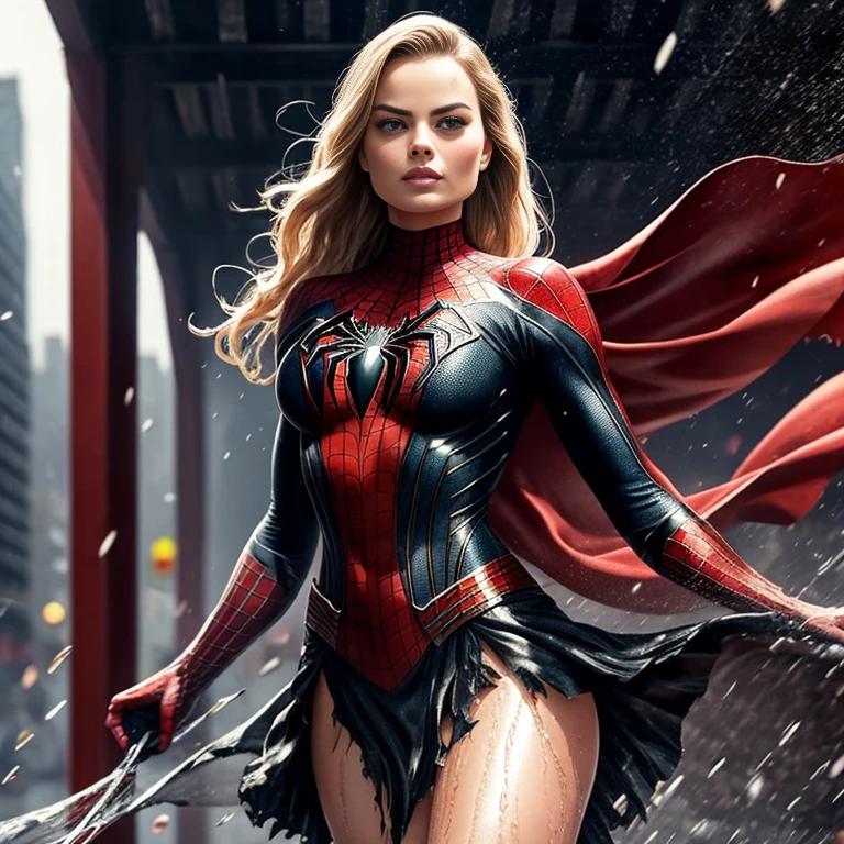 Margot Robbie、マーベル・コミック映画のPoster, Very beautiful, Movies about Spiderman, sexy, whole body, I'm wearing a skirt、Premiere date, Poster、belly buttonを突き出す、new york、She&#39;s wearing a torn Spider-Man suit,The suit is torn、Wearing a skirt、 Red and black color scheme,dynamic、masterpiece、highest quality、Ultra-detailed、Very detailed、A delicate and beautiful shine、超A high resolution、Cinematic,Break,Breakdrop,(Torn clothes:1.5), (Wet clothes:1.4), Bare shoulders,Real Rain,Wet Hair,belly button、Exposing Skin、sexyな肩を見せてる