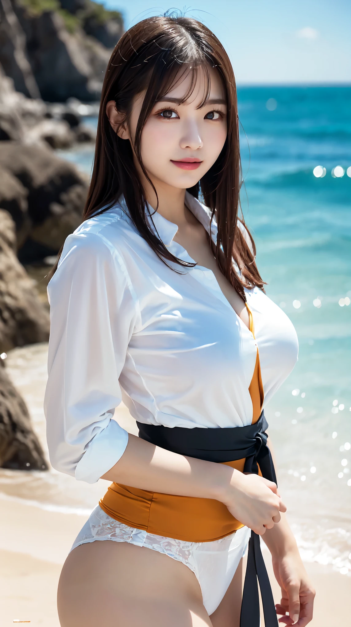 Oversized white collared shirt、He&#39;s wearing nothing but a shirt、full body shot、Complex and beautiful eyes、woman、womanらしい髪型、Natural color lip、Big Breasts、valley、bold and sexy pose、smile、Ocean、((18歳woman:1.******ung adorable Japanese face, Official Art，Highly detailed CG Unity 8k wallpaper, (masterpiece:1.0),(highest quality:1.0), photo shoot, 8K, nsfw, High resolution, Kodak Portrait 400, Film Grain, Lens Flare Glow,View Viewer