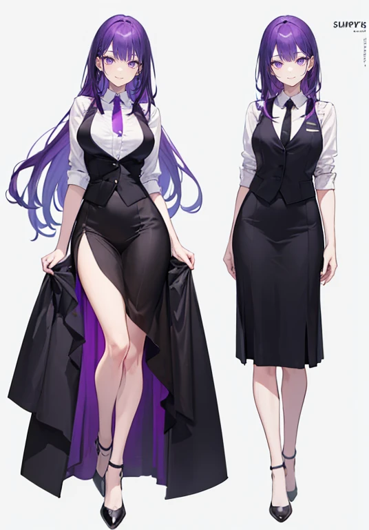((Perfect Face)),Purple Hair,voluminous long hair,1 female,bartender,suit,Black vest,A shirt with rolled up sleeves,tie,Long skirt,slit,High heels,,((Simple Background)),smile,((whole body)),((whole body)),Portraiture,virtual,upright,,both arms are down,Standing upright with face and body facing forward,