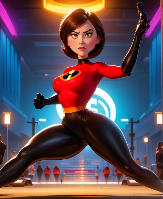 Helen Parr demonstrating her vibrant power with her elegant and ultra-realistic appearance. Her skintight supersuit perfectly highlights her hourglass figure, accentuating her beautiful body. The attention to detail is impeccable, capturing every curve and contour. The high quality of this artwork immerses viewers in an ultra-detailed experience, enabling them to appreciate the realistic portrayal of Helen Parr. This artwork exudes a sense of vibrancy, with vivid colors that bring the scene to life. The lighting is carefully crafted, enhancing the depth and dimension of the composition. The artist masterfully captures Helen Parr's mesmerizing movement as she twerks, showcasing her incredible flexibility and athleticism. NSFW content is sensually portrayed, emphasizing Helen Parr's stunning attributes. The overall aesthetic seamlessly blends portraiture and contemporary art, resulting in a visually captivating masterpiece.