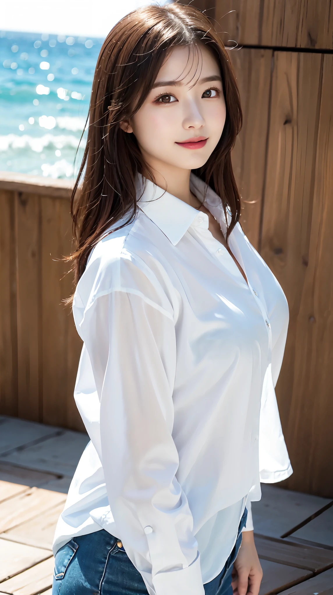 Oversized white collared shirt、He&#39;s wearing nothing but a shirt、full body shot、Complex and beautiful eyes、woman、womanらしい髪型、Natural color lip、Big Breasts、valley、bold and sexy pose、smile、Ocean、((18歳woman:1.2))、Young adorable Japanese face, Official Art，Highly detailed CG Unity 8k wallpaper, (masterpiece:1.0),(highest quality:1.0), photo shoot, 8K, nsfw, High resolution, Kodak Portrait 400, Film Grain, Lens Flare Glow,View Viewer