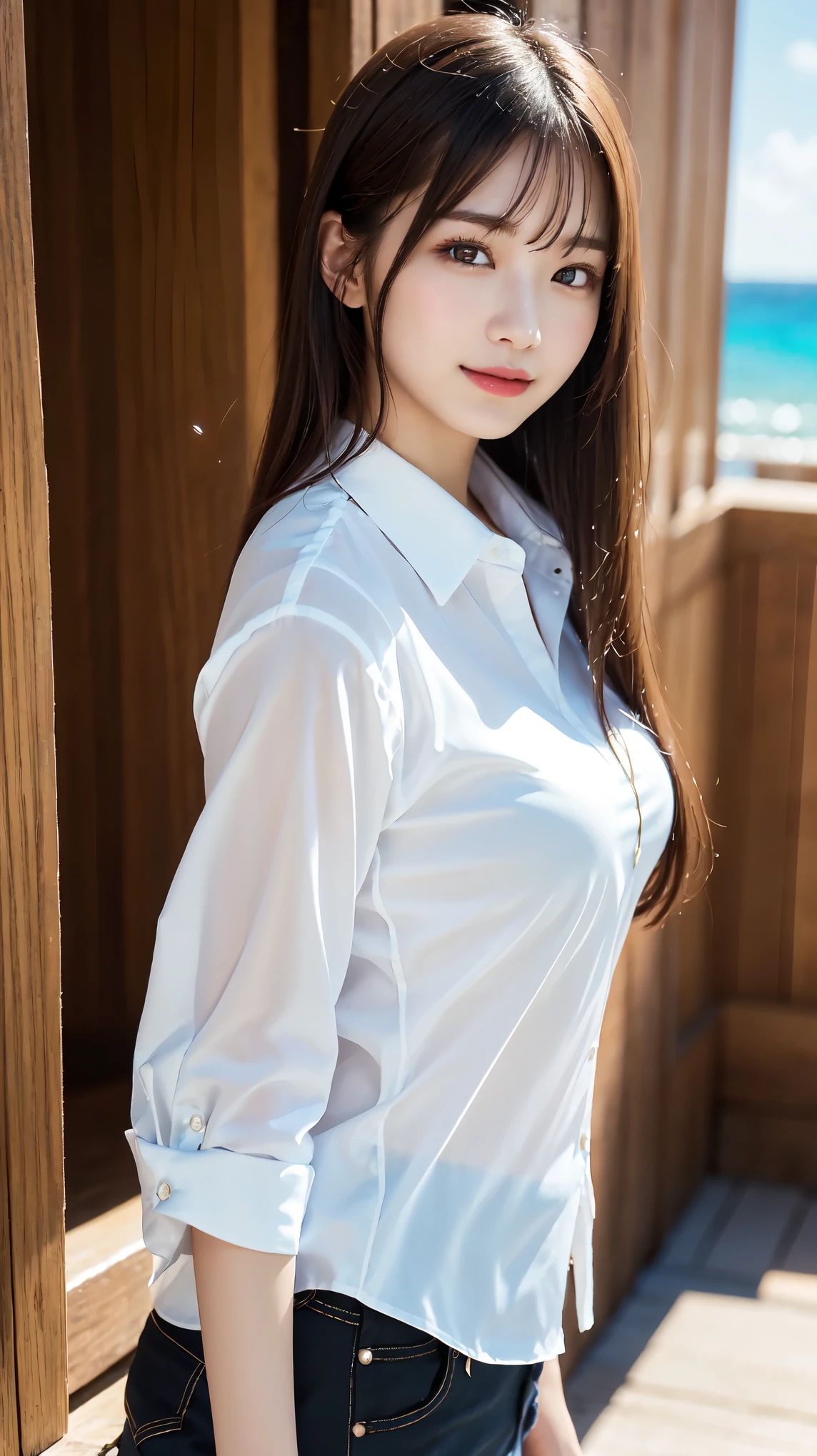 Oversized white collared shirt、He's wearing nothing but a shirt、full body shot、Complex and beautiful eyes、woman、womanらしい髪型、Natural color lip、Big Breasts、valley、bold and sexy pose、smile、Ocean、((18歳woman:1.2))、Young adorable Japanese face, Official Art,Highly detailed CG Unity 8k wallpaper, (masterpiece:1.0),(highest quality:1.0), photo shoot, 8K, nsfw, High resolution, Kodak Portrait 400, Film Grain, Lens Flare Glow,View Viewer