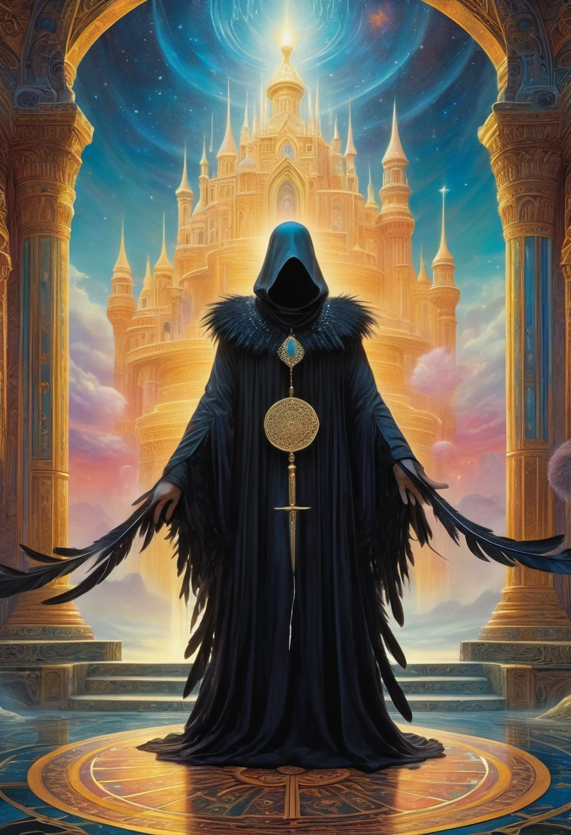 best quality,4k,8k,highres,masterpiece:1.2,ultra-detailed,realistic:1.37,HDR,UHD,ultra-fine painting,sharp focus,full tarot card border,Cinematic Shot,dynamic pose,(the God of dreams, inside his dreamlike palace, in the ethereal realm of dreams, surrounded by the mystical and ghostly dimensions.), (He is manipulating magical dust, creating illusions that transcend reality.), hypnosis,(He is trying to hypnotize the viewer), (His appearance features pale skin and wide, mesmerizing eyes.),(his mantle is completely made of black feathers sewn together:1.4),(the image is surrounded by tarot card style border:1.5), (The artwork is inspired by a sci-fi aesthetic, with a dreamlike atmosphere reminiscent of Yoshitaka Amano's unique style.), (ghostly figures can be seen wandering in the background), (The colors are vivid and surreal, with a focus on mysterious lighting and rich hues.), (The image quality is of the highest standard, with an ultra-detailed and sharp focus to capture every intricate detail.), (The overall result is a masterpiece, showcasing the artist's skill in creating a mesmerizing portrayal of the God of Dreams and the dream realm.), sci-fi, Cinematic, (concept art inspired by Jean Giraud Moebius)
