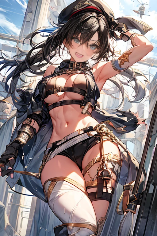ubel,dark green hair,long hair,side ponytail,hair between eyes,bangs, BREAK (beret, black jacket, open clothes, cleavage, midriff, black shorts, black thighhighs, thigh strap, fingerless gloves, single glove:1.2), Photo,sharpness, F1.6 lens,hyper-realistic textures,spectacular light textures, Cinestil 800 Fashion Mechanics,(((Beautiful woman with left leg restrained and hung by chains))),Appearance,Beautiful girl with accentuated slender abs: 1.1,six-pack abs: 1.1, Bust Botox,Standing on tiptoe, long legs,Long brown hair fluttering in the wind,Brown hair, Long hair, Female Warrior Costume,(No panties,No bra),(tacticul battle fashion,elbow and knee tacticul battle fashion, battle glove: 1.1),((cute batre costume)),The belly comes out and the navel is visible,Thin sheer costume, combat gloves,shredded costumes,cyber long combat boots with golden knee pads,Anatomical,(futuristic sci-fi battle fashion, new elbow and knee cyberpads, new cyberlong boots, new cybergloves: 1.1),(tied perfectly by iron chain), Restraint, Slave, collars, contempt, (Chained), 4 chains hung from heaven, Metallic shackles and fetters, wet crotch clearly visible,((Hands are restrained above the head)), the neck is chained,Chain from left knee to heaven,Chained by rusty iron chains,((the tip is protruding, areolas protruding,The shape of the pubic area is clearly visible:1.2)),Sweating,Wet,Wet crotch,Wet thighs,Junkyard, Realistic, (cute, perfect clothes, skimpy clothes, cute: 1.3) ,Vast miritary base in us,((wide mirtary hospital with summer sunlight)), peeling ceilings, Rebar between, Realistic material details, Extreme details, Ultra-realistic materials,narrow waist,(with sparkling eyes and a contagious smile:0.9),looking at viewer,