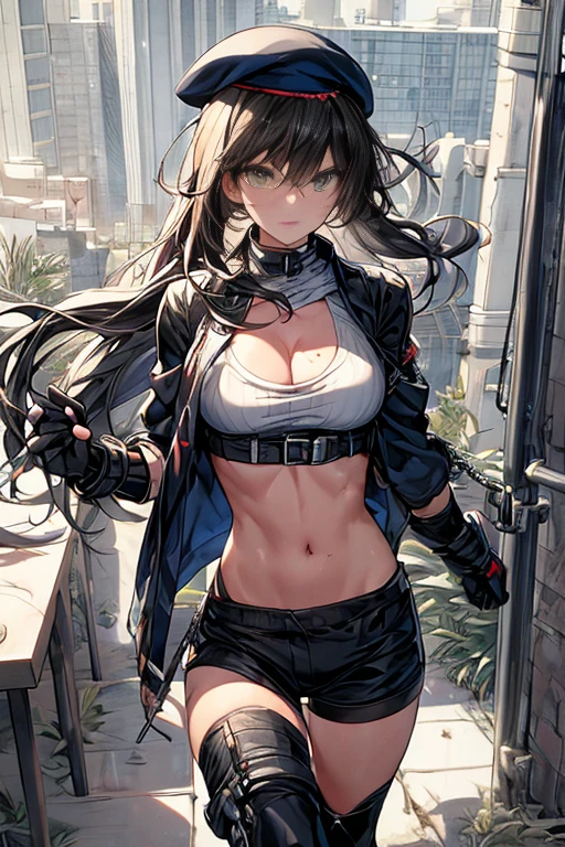 (small breasts:1.2), (perky chest:1.2), (pointed chest:1.2), dark bronde hair,long hair,side ponytail,hair between eyes,bangs, BREAK (beret, black jacket, open clothes, cleavage, midriff, black shorts, black thighhighs, thigh strap, fingerless gloves, single glove:1.2), Photo,sharpness,hyper-realistic textures,spectacular light textures,(((Beautiful woman with left leg restrained and hung by chains))),Appearance,Beautiful girl with accentuated slender abs: 1.1,six-pack abs: 1.1, Bust Botox,Standing on tiptoe, long legs,Long brown hair fluttering in the wind,Brown hair, Long hair, Female Warrior Costume,(No panties,No bra),(tacticul battle fashion,elbow and knee tacticul battle fashion, battle glove: 1.1),((cute batre costume)),The belly comes out and the navel is visible,Thin sheer costume, combat gloves,shredded costumes,cyber long combat boots with golden knee pads,Anatomical,(futuristic sci-fi battle fashion, long boots, gloves: 1.1),(tied perfectly by iron chain), Restraint, Slave, collars, contempt, (Chained), 4 chains hung from heaven, Metallic shackles and fetters, wet crotch clearly visible,((Hands are restrained above the head)), the neck is chained,Chain from left knee to heaven,Chained by silver chains,((the tip is protruding, areolas protruding,The shape of the pubic area is clearly visible:1.2)),Sweating,Wet,Wet crotch,Wet thighs,Junkyard, Realistic, (cute, perfect clothes, skimpy clothes, cute: 1.3) ((wide mirtary hospital with summer sunlight)), peeling ceilings, Rebar between, Realistic material details, Extreme details, Ultra-realistic materials,narrow waist,(with sparkling eyes and a contagious smile:0.9), detailed clothes features, (perky chest:1.1), (pointed chest:1.3),looking at viewer,