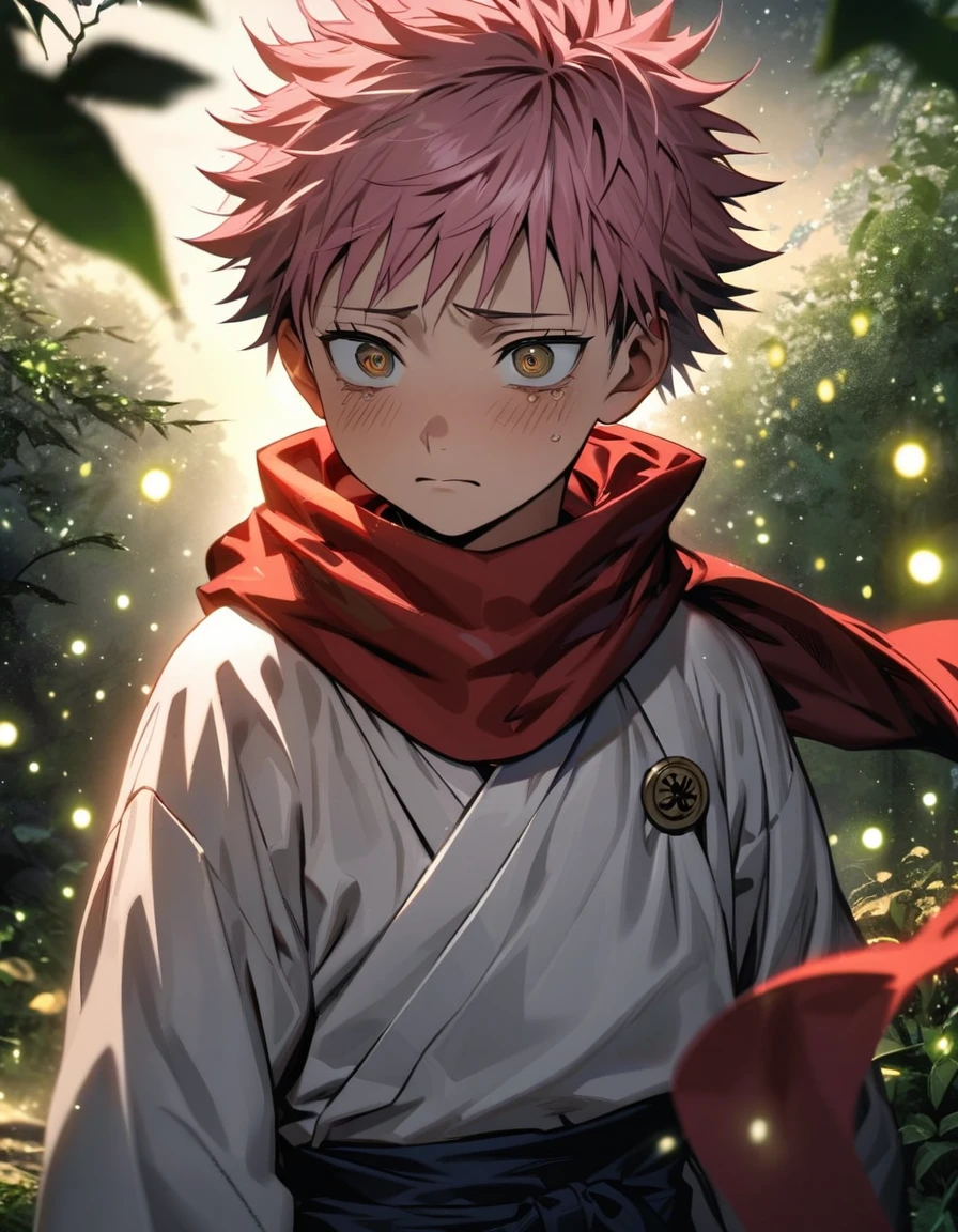 Ultra detailed, highres, absurdres, HDR, Itadori Yuji as a ???, pink hair, brown eyes, red scarf, white kimono, Jujutsu Kaisen, green leaves, fireflies, sad expression,