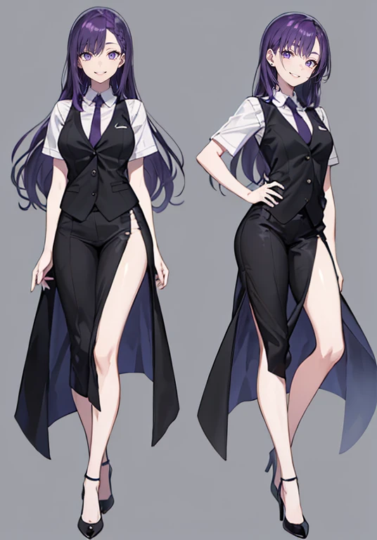 ((Perfect Face)),Purple Hair,voluminous long hair,1 female,bartender,suit,Black vest,A shirt with rolled up sleeves,tie,slit,High heels,,((Simple Background)),smile,((whole body)),((whole body)),Portraiture,virtual,upright,,both arms are down,Standing upright with face and body facing forward,