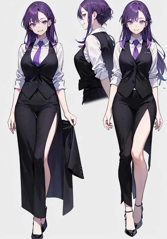 ((Perfect Face)),Purple Hair,voluminous long hair,1 female,bartender,suit,Black vest,A shirt with rolled up sleeves,tie,slit,High heels,,((Simple Background)),smile,((whole body)),((whole body)),Portraiture,virtual,upright,,both arms are down,Standing upright with face and body facing forward,