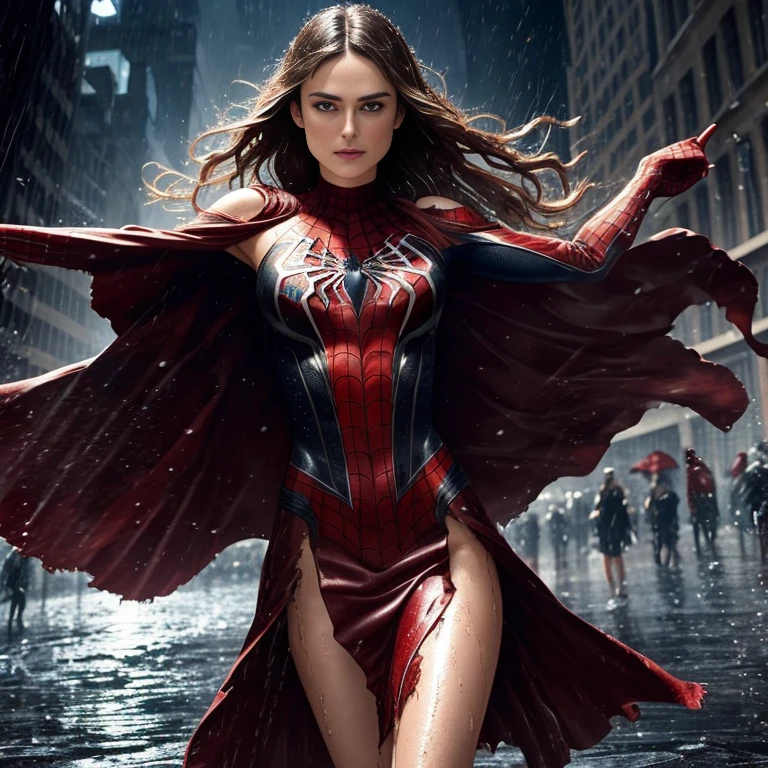 keira knightley、マーベル・コミック映画のPoster, Very beautiful, Movies about Spiderman, sexy, whole body, I'm wearing a skirt、Premiere date, Poster、belly buttonを突き出す、new york、She's wearing a torn Spider-Man suit,The suit is torn、Wearing a skirt、 Red and black color scheme,dynamic、masterpiece、highest quality、Ultra-detailed、Very detailed、A delicate and beautiful shine、超A high resolution、Cinematic,Break,Breakdrop,(Torn clothes:1.5), (Wet clothes:1.4), Bare shoulders,Real Rain,Wet Hair,belly button、Exposing Skin、sexyな肩を見せてる