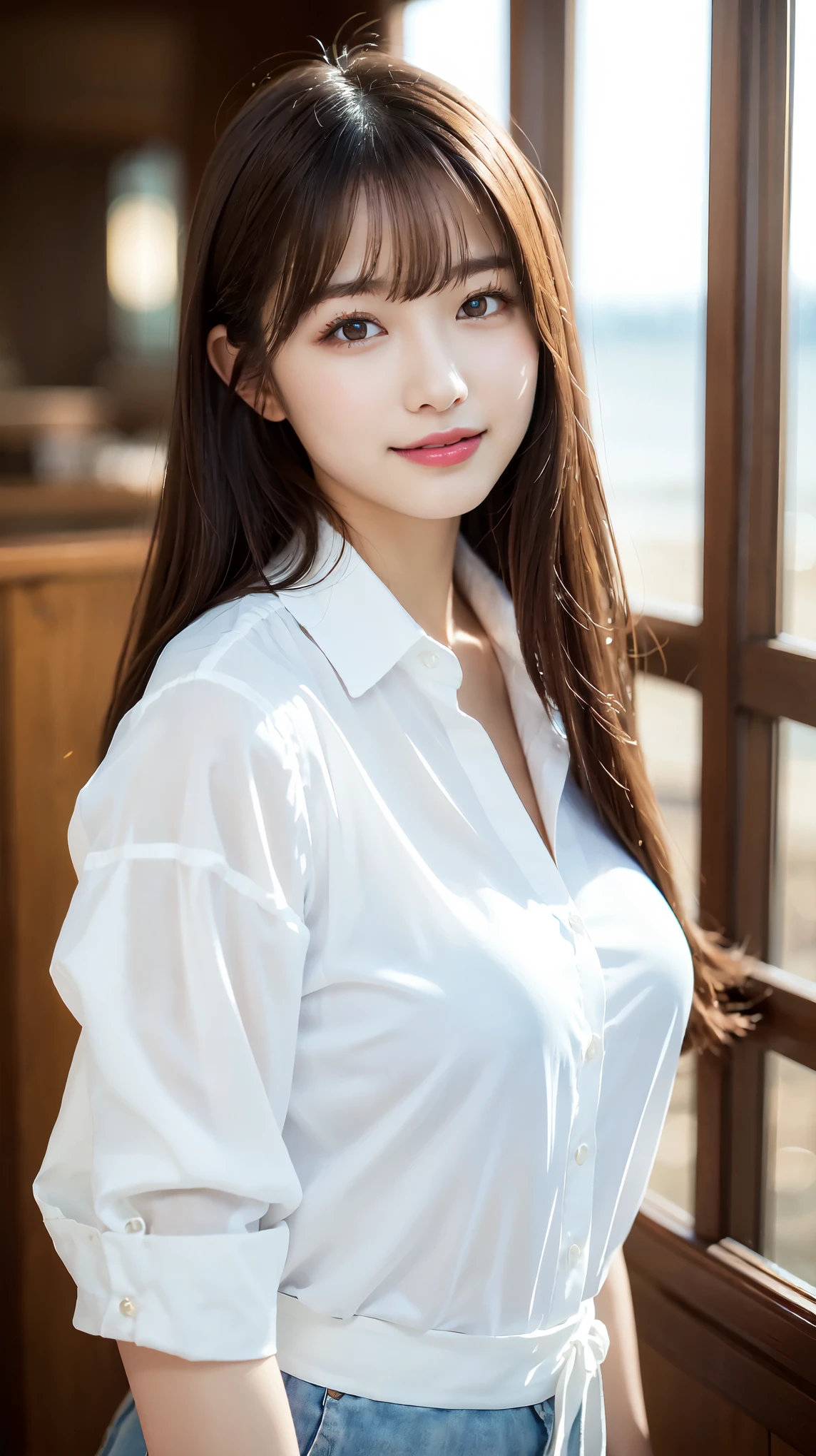 Oversized white collared shirt、He's wearing nothing but a shirt、full body shot、Complex and beautiful eyes、woman、womanらしい髪型、Natural color lip、Big Breasts、valley、bold and sexy pose、smile、Ocean、((18歳woman:1.ung adorable Japanese face, Official Art,Highly detailed CG Unity 8k wallpaper, (masterpiece:1.0),(highest quality:1.0), photo shoot, 8K, nsfw, High resolution, Kodak Portrait 400, Film Grain, Lens Flare Glow,View Viewer