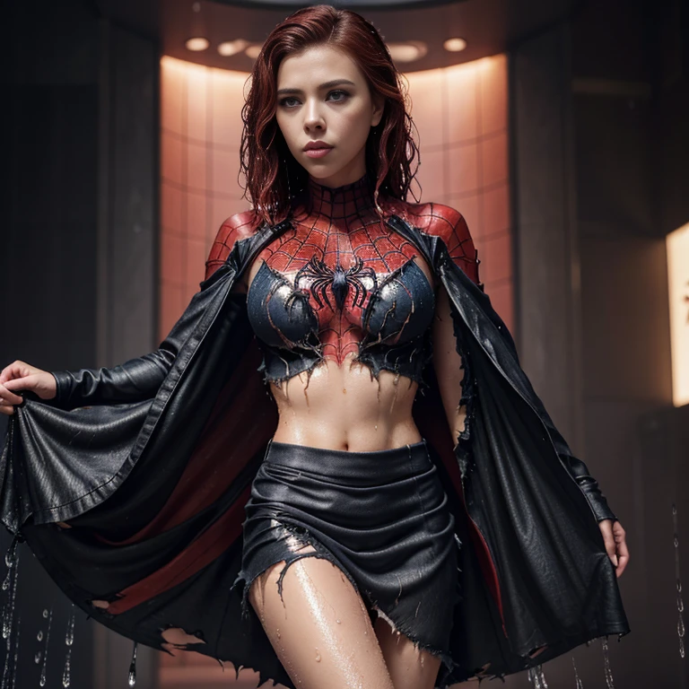 Scarlett Johansson、マーベル・コミック映画のPoster, Very beautiful, Movies about Spiderman, sexy, whole body, I'm wearing a skirt、Premiere date, Poster、belly buttonを突き出す、new york、She's wearing a torn Spider-Man suit,The suit is torn、Wearing a skirt、 Red and black color scheme,dynamic、masterpiece、highest quality、Ultra-detailed、Very detailed、A delicate and beautiful shine、超A high resolution、Cinematic,Break,Breakdrop,(Torn clothes:1.5), (Wet clothes:1.4), Bare shoulders,Real Rain,Wet Hair,belly button、Exposing Skin、sexyな肩を見せてる