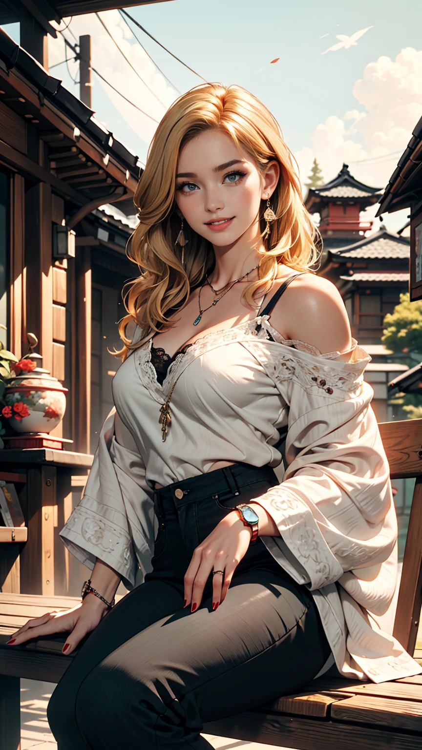 blonde hair, gradient hair, hair over shoulder, hair behind ear, longeyelashes, light smile, Surrealism, depth of field, atmospheric perspective, foreshortening, UHD, anatomically correct, highres, 16k、
((最high quality, 8K, masterpiece: 1.3, Ultra HD, high quality, 最high quality, High resolution, realism)) 、(High saturation:1.0), (Highly detailed skin), (最high quality:1.0), (超High resolution:1.0) ,(Realistic:1.0), (Very detailed:1.0), (8K, Raw photo:1.1), slender、I want my head to stay off screen、Wear accessories on your wrist、Wearing red nail polish、I have a peticure、25-year-old Caucasian female、Platinum Blonde、blue eyes、long hair、Hair above one eye、smile、Wearing lace-decorated tops that show off your cleavage、side panel pants((side panel pants))Wear、Grinning((light smile))、Japan sit on the porch of the house、View of the Japan garden