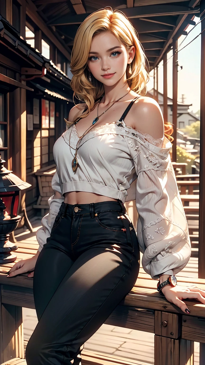 blonde hair, gradient hair, hair over shoulder, hair behind ear, longeyelashes, light smile, Surrealism, depth of field, atmospheric perspective, foreshortening, UHD, anatomically correct, highres, 16k、
((最high quality, 8K, masterpiece: 1.3, Ultra HD, high quality, 最high quality, High resolution, realism)) 、(High saturation:1.0), (Highly detailed skin), (最high quality:1.0), (超High resolution:1.0) ,(Realistic:1.0), (Very detailed:1.0), (8K, Raw photo:1.1), slender、I want my head to stay off screen、Wear accessories on your wrist、Wearing red nail polish、I have a peticure、25-year-old Caucasian female、Platinum Blonde、blue eyes、long hair、Hair above one eye、smile、Wearing lace-decorated tops that show off your cleavage、side panel pants((side panel pants))Wear、Grinning((light smile))、Japan sit on the porch of the house、View of the Japan garden