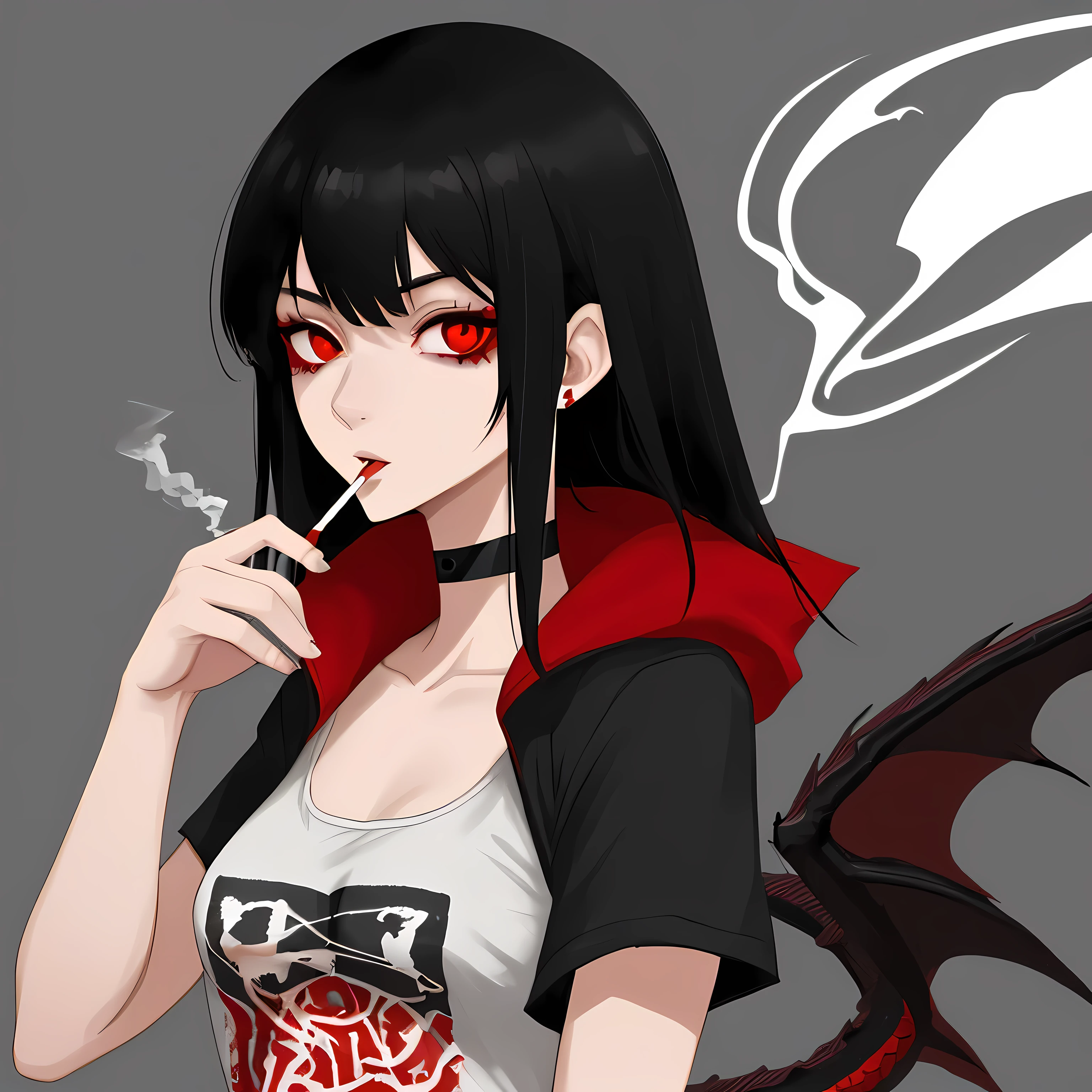 Girl with black hair and Dark red hair at the ends, scum outfit, smokes a cigarette and dragon tattoo on the neck