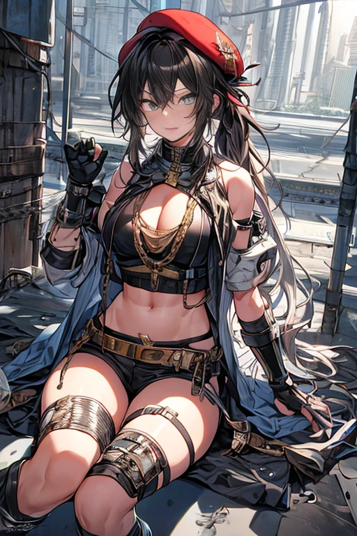 ubel,dark green hair,long hair,side ponytail,hair between eyes,bangs, BREAK (beret, black jacket, open clothes, cleavage, midriff, black shorts, black thighhighs, thigh strap, fingerless gloves, single glove:1.2), Photo,sharpness, F1.6 lens,hyper-realistic textures,spectacular light textures, Cinestil 800 Fashion Mechanics,(((Beautiful woman with left leg restrained and hung by chains))),Appearance,Beautiful girl with accentuated slender abs: 1.1,six-pack abs: 1.1, Bust Botox,Standing on tiptoe, long legs,Long brown hair fluttering in the wind,Brown hair, Long hair, Female Warrior Costume,(No panties,No bra),(tacticul battle fashion,elbow and knee tacticul battle fashion, battle glove: 1.1),((cute batre costume)),The belly comes out and the navel is visible,Thin sheer costume, combat gloves,shredded costumes,cyber long combat boots with golden knee pads,Anatomical,(futuristic sci-fi battle fashion, new elbow and knee cyberpads, new cyberlong boots, new cybergloves: 1.1),(tied perfectly by iron chain), Restraint, Slave, collars, contempt, (Chained), 4 chains hung from heaven, Metallic shackles and fetters, wet crotch clearly visible,((Hands are restrained above the head)), the neck is chained,Chain from left knee to heaven,Chained by rusty iron chains,((the tip is protruding, areolas protruding,The shape of the pubic area is clearly visible:1.2)),Sweating,Wet,Wet crotch,Wet thighs,Junkyard, Realistic, (cute, perfect clothes, skimpy clothes, cute: 1.3) ,Vast miritary base in us,((wide mirtary hospital with summer sunlight)), peeling ceilings, Rebar between, Realistic material details, Extreme details, Ultra-realistic materials,narrow waist,(with sparkling eyes and a contagious smile:0.9),looking at viewer,
