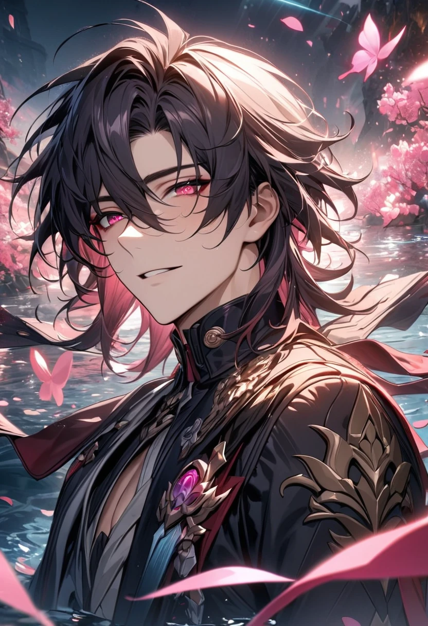 Ultra detailed, highres, absurdres, HDR, master piece, Yuden, messy black hair with bangs, expressive yellow eyes, Demon Fantasy, pink petals, pink flowers, black coat, sexy man, solo, best quality, blossoms, blue shining fireflies, handsome smile, golden trimmings, the word "Krozseria" is written on his shirt, fantasy, black tight shirt, demon