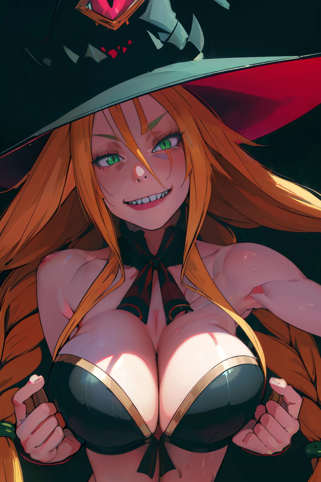 (best quality,4k,highres,masterpiece:1.2),ultra-detailed,realistic:1.37,portrait,metallia,witch,long blond hair,twin braids,green eyes,slim body,witch hat,sharp teeth,big,naked,giant transparent dildo,erotic,contrast lighting,vivid colors,dark background,subtle textures.
