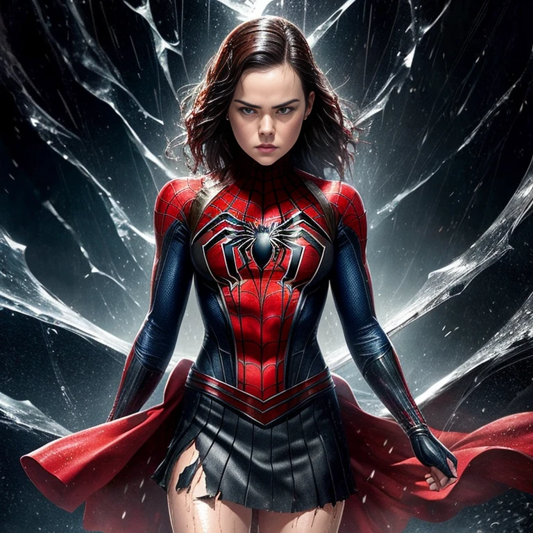 daisy ridley、マーベル・コミック映画のPoster, Very beautiful, Movies about Spiderman, sexy, whole body, I'm wearing a skirt、Premiere date, Poster、belly buttonを突き出す、new york、She&#39;s wearing a torn Spider-Man suit,The suit is torn、Wearing a skirt、 Red and black color scheme,dynamic、masterpiece、highest quality、Ultra-detailed、Very detailed、A delicate and beautiful shine、超A high resolution、Cinematic,Break,Breakdrop,(Torn clothes:1.5), (Wet clothes:1.4), Bare shoulders,Real Rain,Wet Hair,belly button、Exposing Skin、sexyな肩を見せてる