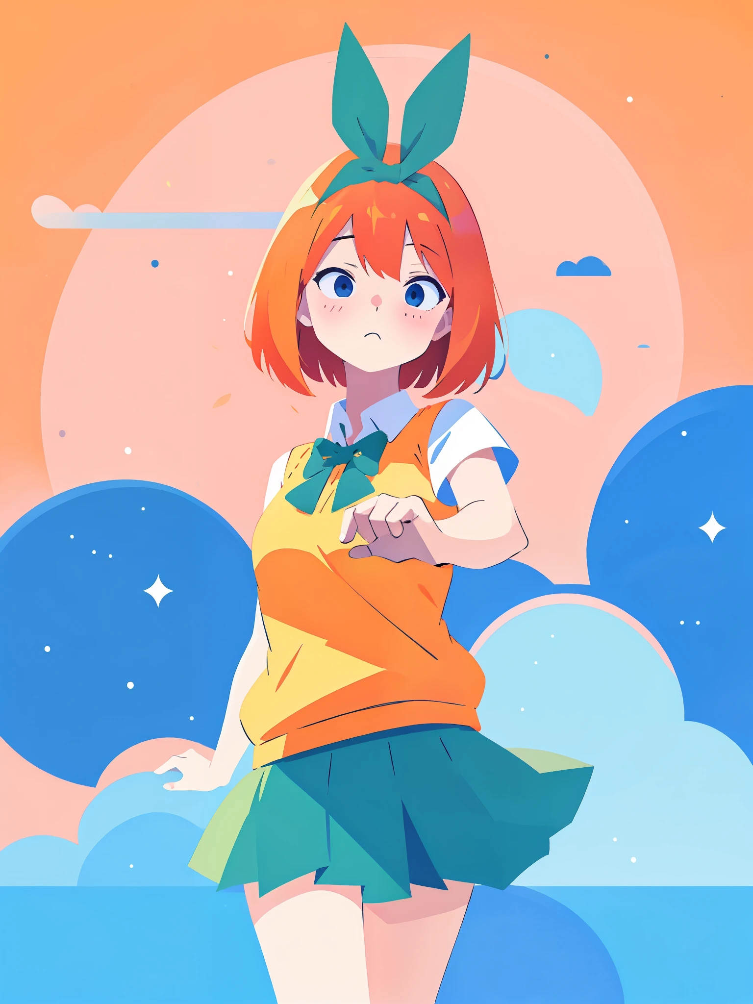 masterpiece, best quality, illustration, minimal design for a t-shirt, yotsuba nakano in a dynamic pose, orange bob hair, orange shoulder length hair, green ribbon, minimal design, flat shapes, green hair bow ribbon, green bowtie, yellow sleeveless sweater, collared white shirt, green pleated skirt, , Good shapes, perfect lines, perfect lineart, professional, good, cute, tender expression, lovely, 