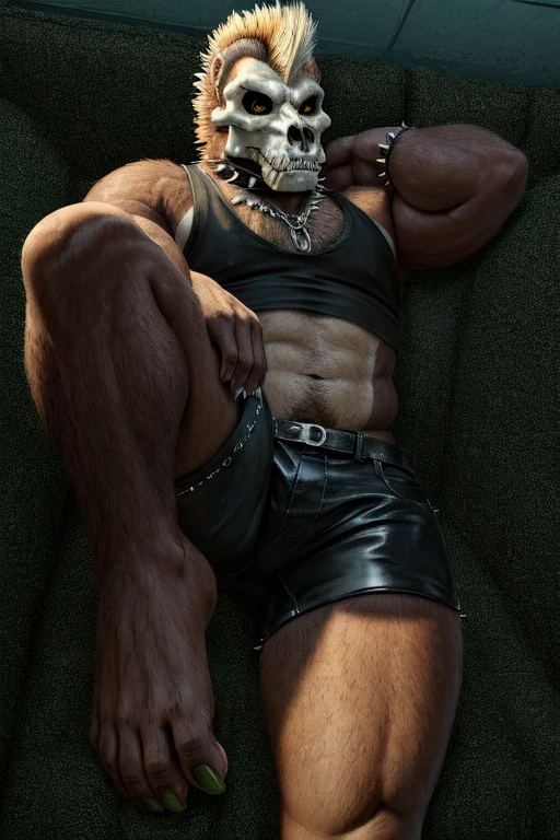 ((best quality)), ((masterpiece)), (detailed), perfect face, Bara Furry, Anthropomorphic Gorilla, Macrophillia, Mohawk, Liberty Spikes, wearing spiked collar, wearing skimpy tank top, wearing black tank top, skull on tank top, punk aesthetic, wearing leather shorts, Raised Leg, Foot Fetish, Foot Focus, Green gunk on sole, metropolitan statistical area, location based on Annapolis, Maryland, dynamic lighting, perfect shading, soft shading, soft colors, vivid colors, pastel colors 