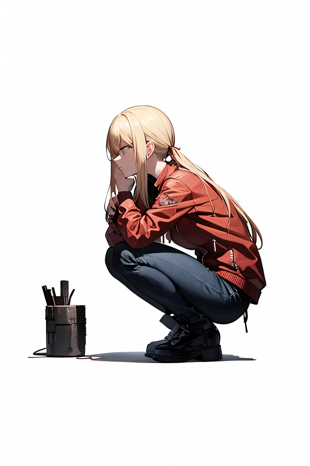 Power from Chainsaw Man in an abandoned building, she is crouched down and looking to the right in profile, she has long stringy straight blonde hair and amber eyes with red pupils and little red devil horns, she is wearing a biker jacket with cool decals, she looks focused and is holding her chin, digital art, cel shaded, MAPPA inspired, profile view, side-view