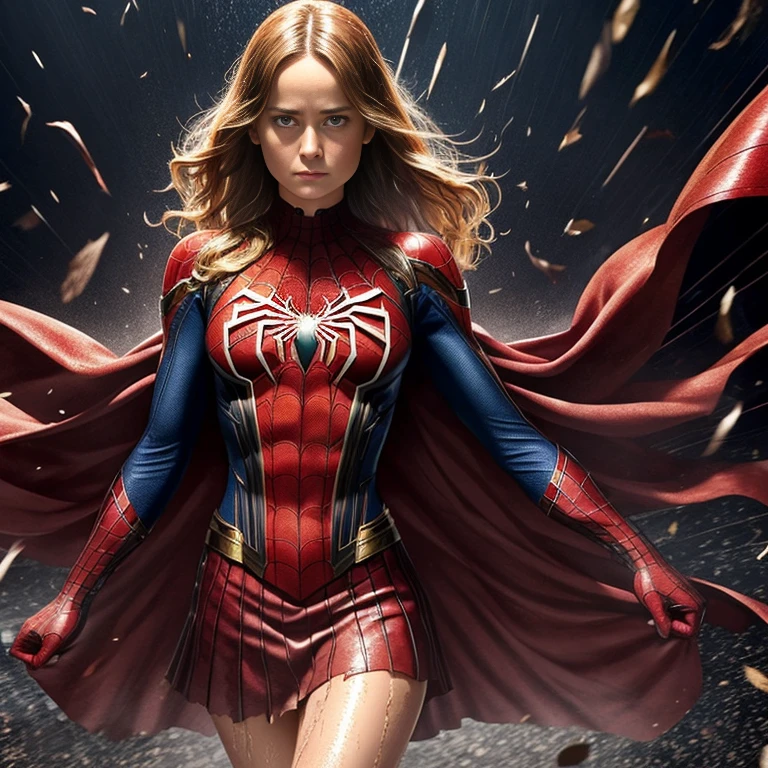 Brie Larson、マーベル・コミック映画のPoster, Very beautiful, Movies about Spiderman, sexy, whole body, I'm wearing a skirt、Premiere date, Poster、belly buttonを突き出す、new york、She's wearing a torn Spider-Man suit,The suit is torn、Wearing a skirt、 Red and black color scheme,dynamic、masterpiece、highest quality、Ultra-detailed、Very detailed、A delicate and beautiful shine、超A high resolution、Cinematic,Break,Breakdrop,(Torn clothes:1.5), (Wet clothes:1.4), Bare shoulders,Real Rain,Wet Hair,belly button、Exposing Skin、sexyな肩を見せてる