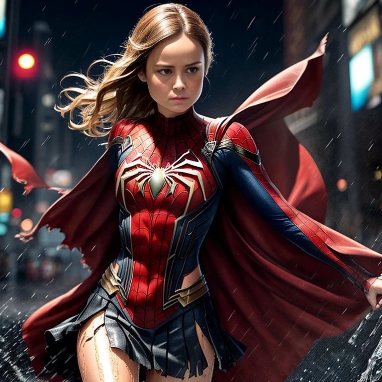 Brie Larson、マーベル・コミック映画のPoster, Very beautiful, Movies about Spiderman, sexy, whole body, I'm wearing a skirt、Premiere date, Poster、belly buttonを突き出す、new york、She&#39;s wearing a torn Spider-Man suit,The suit is torn、Wearing a skirt、 Red and black color scheme,dynamic、masterpiece、highest quality、Ultra-detailed、Very detailed、A delicate and beautiful shine、超A high resolution、Cinematic,Break,Breakdrop,(Torn clothes:1.5), (Wet clothes:1.4), Bare shoulders,Real Rain,Wet Hair,belly button、Exposing Skin、sexyな肩を見せてる