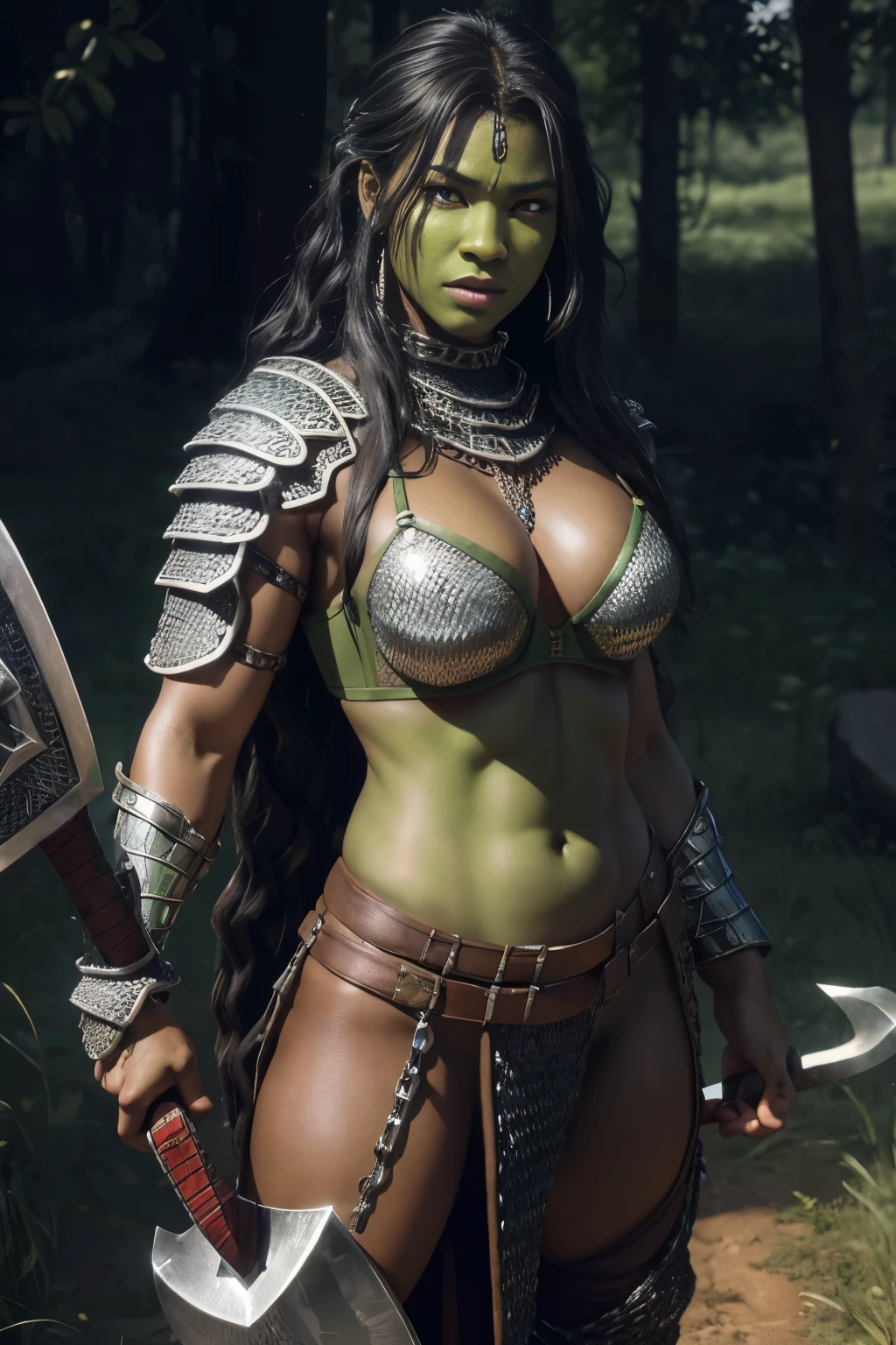 (highres:1.2),ultra-detailed,(realistic:1.37),beautiful african,half-orc warrior, soft facial features, (((green skin))), (((chainmail armor))), (((chainmail bra))), red eyes, (((wielding a battle axe))), long wavy hair, on a battlefield, fighting demons, low lighting,shackles,desperate look,fine artwork,detailed background,soft shadows,vivid colors,surreal atmosphere,subtle textures,very beautiful,emotionally charged, (((no nude))), full body pose