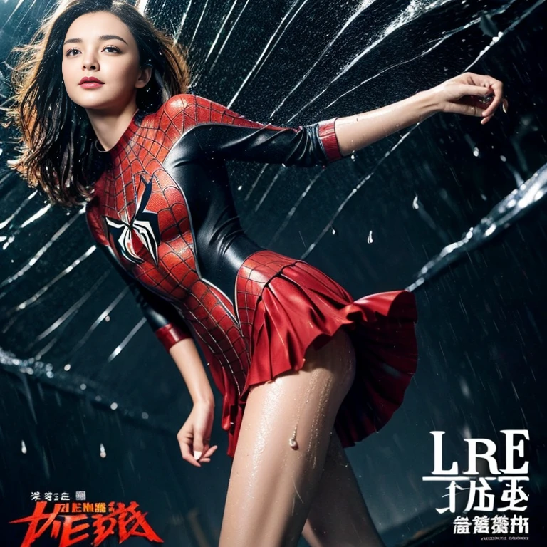 Miranda Kerr、マーベル・コミック映画のPoster, Very beautiful, Movies about Spiderman, sexy, whole body, I'm wearing a skirt、Premiere date, Poster、belly buttonを突き出す、new york、She&#39;s wearing a torn Spider-Man suit,The suit is torn、Wearing a skirt、 Red and black color scheme,dynamic、masterpiece、highest quality、Ultra-detailed、Very detailed、A delicate and beautiful shine、超A high resolution、Cinematic,Break,Breakdrop,(Torn clothes:1.5), (Wet clothes:1.4), Bare shoulders,Real Rain,Wet Hair,belly button、Exposing Skin、sexyな肩を見せてる