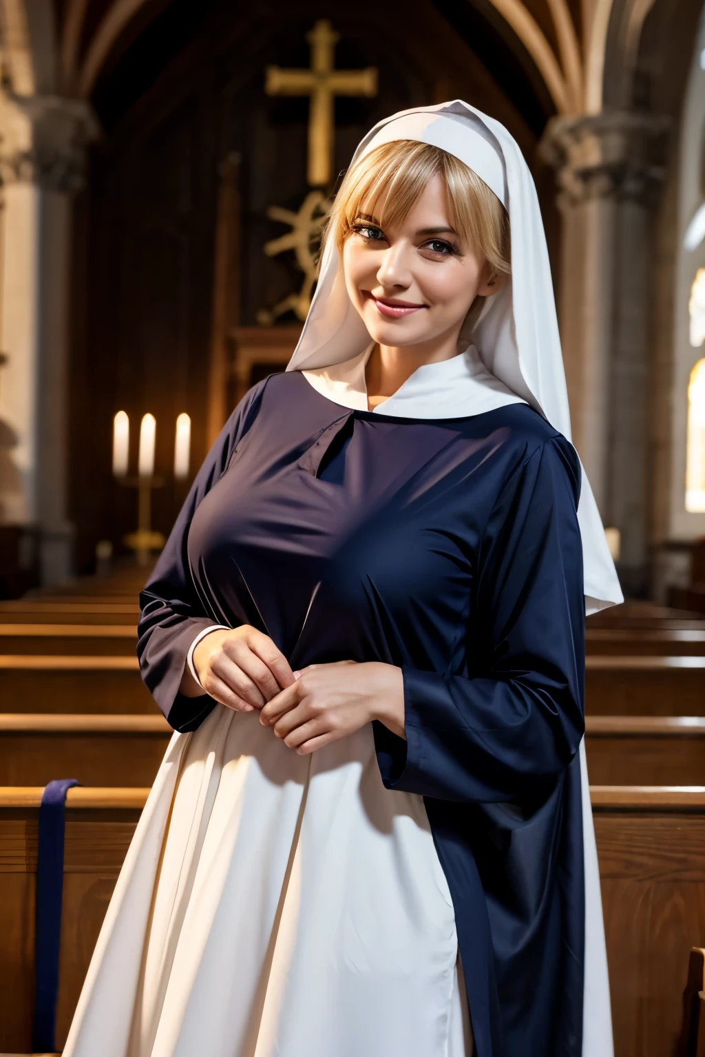 Mature Italian Woman、blonde、With bangs、blue eyes、smile、Nuns、big breasts、Sexy Body、monastic uniform、Standing in church