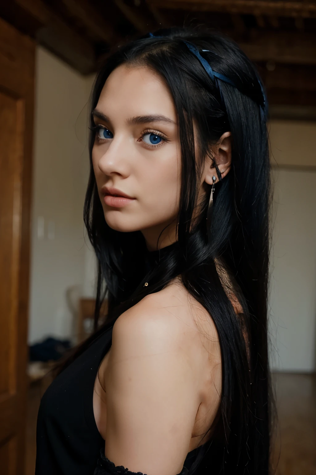 1 girl, graceful figure, long black hair, European, pierced ears, expressive blue eyes,