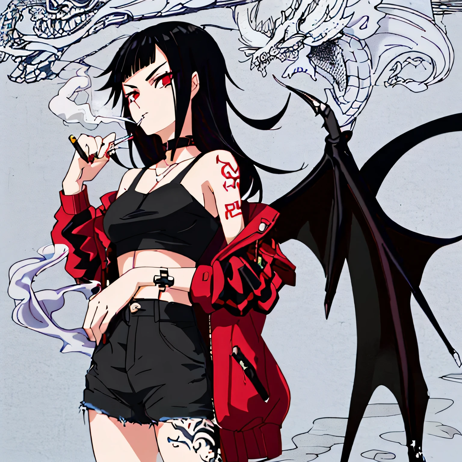 Girl with black hair and red hair at the end of hair , badass outfit, smoke a cigarette , confident look , dragon tattoo on her neck
