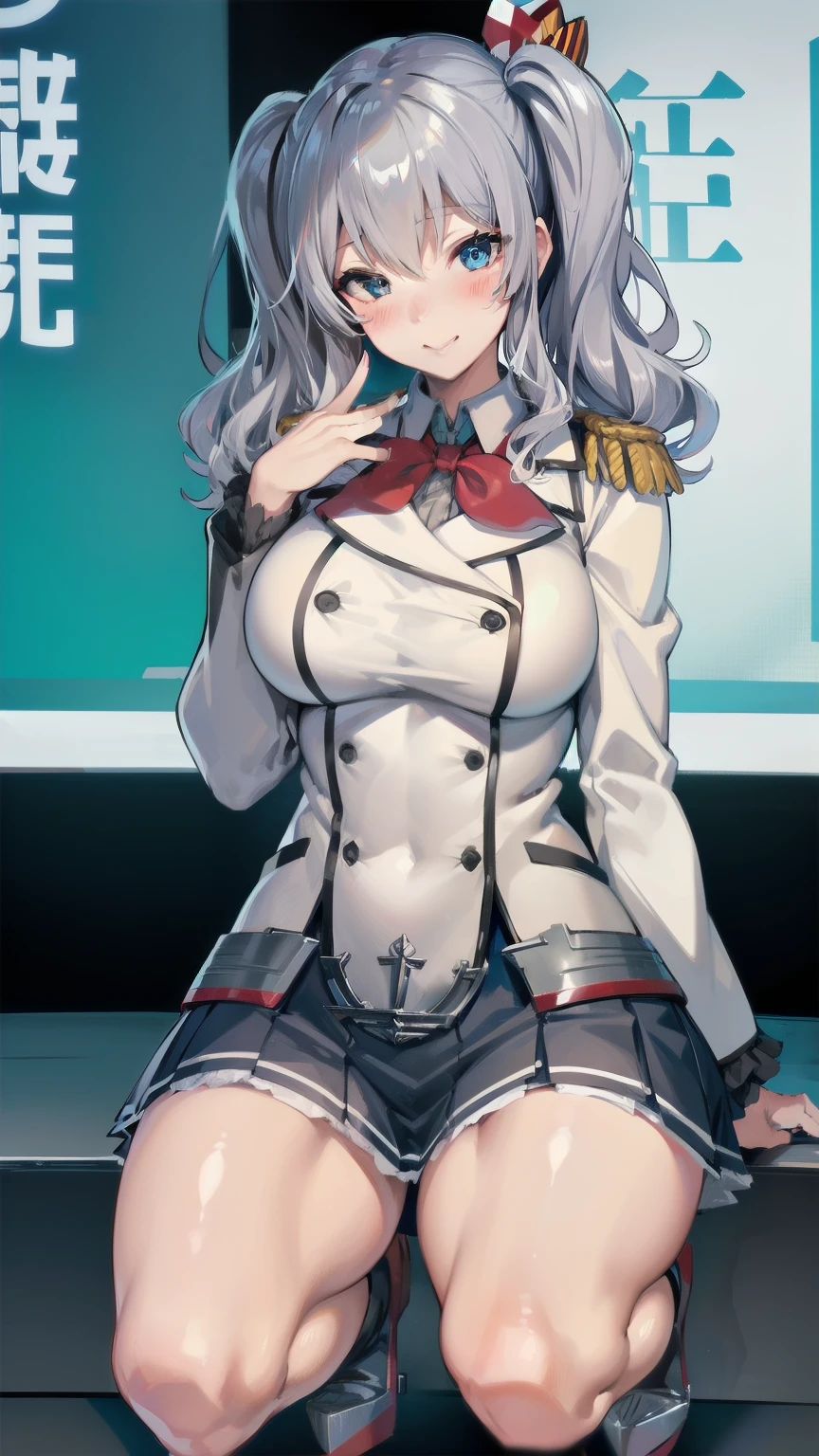 Open your mouth, big breasts ,blue eyes,BTPT-FC,Wide Hips,smile,Embarrassing, blush, Wide Hips,Open your mouth,Wavy Hair,alone,Kashima,Twin tails,Staring at the audience,
Silver Hair,Tsurime,Fleet Collection, smile,,Wide Hips, highest quality,White jacket, Military jacket, uniform,Grey mini skirt,Pleated skirt,Have,Squat,squat,Show off your crotch to the viewer,Open your thighs wide to the left and right,whole body,room,Neck ribbon,Ruffle sleeves