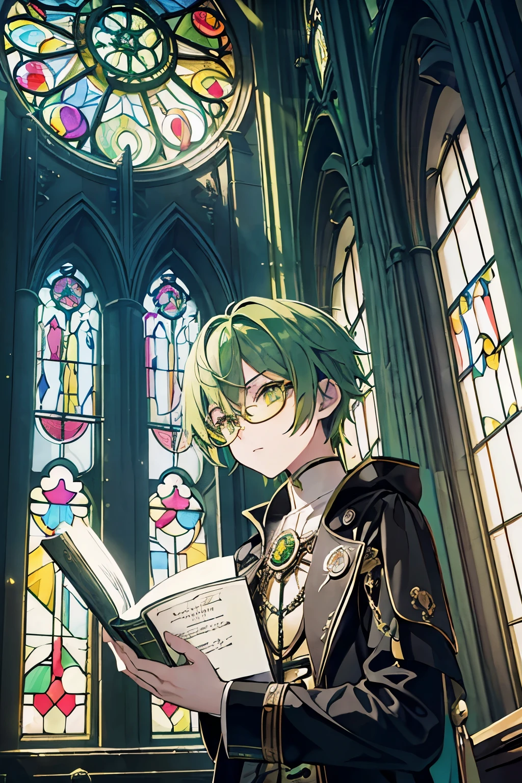 male　Green Hair　Yellow Eyes　steampunk　church　Looking up at the stained glass　Glasses　Priest　have a book　masterpiece　Highest quality　Noise Reduction　Clear parts 　Cinematic Shadows　Increased eye appeal　Clear parts the shine of the eyes　Draw eyelashes neatly　Perfect Eye　Detailed eyes　Sharpen the image quality　Sharpen the eye lines　Clear parts eye shape