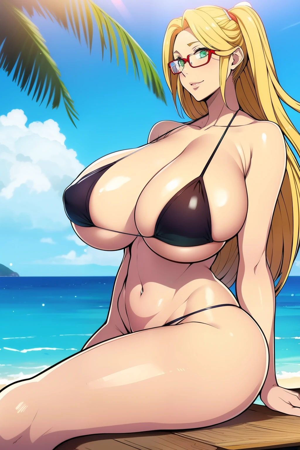 An anime-style artwork depicting Kousaka Shizuru from the game Honkai star rail.
Tags: Kousaka Shizuru, anime, detailed eyes, detailed lips, ass, bare shoulders, (blonde hair:1.4), (micro bikini : 1.4), midriff, long hair, red-framed eyewear, semi-rimless eyewear, solo, under-rim eyewear, huge breasts, (green eyes:1.1),, smiling expression, intense gaze, dynamic pose, outdoor, beach, (lying on sun lounger), vibrant colors, digital art, high-resolution, professional quality, gigantic breasts, curvy, cowboy shot, (gigantic breasts: 1.4),