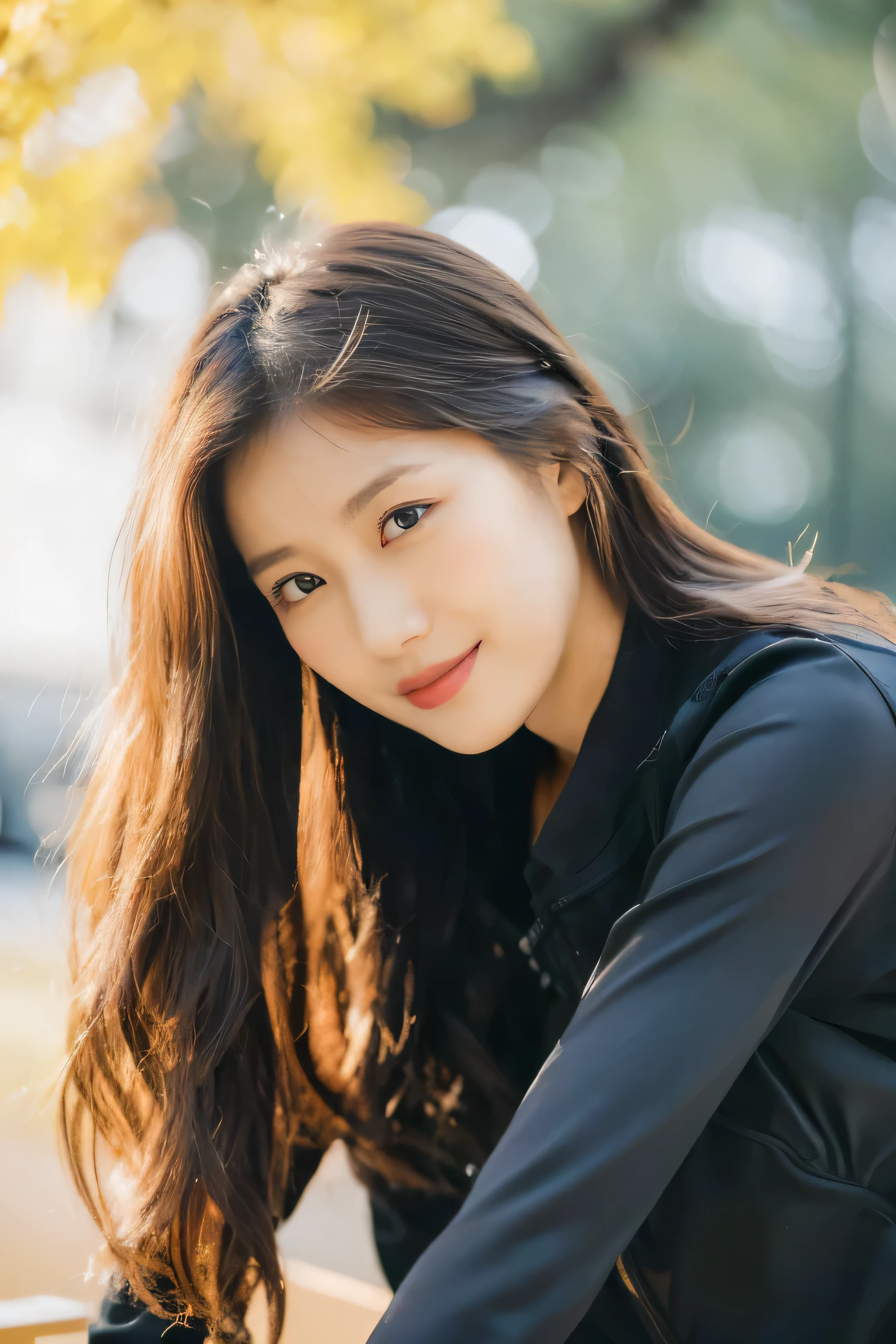 (on the table, best quality, Realistically, Ultra Detailed, meticulous, high resolution, 8k wallpaper), Close-up portrait of a beautiful woman, like, Smile, Light brown messy hair, Perfect dynamic composition, beautiful meticulous eyes, Just like the cover of a fashion magazine, On Campus