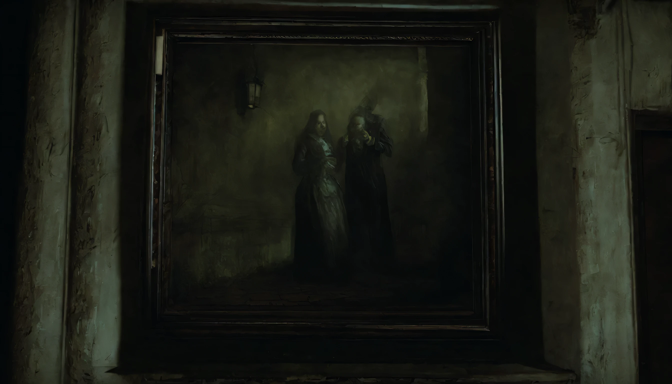 sinister image of an old painting of a 40-year-old British lady with a Machiavellian appearance, the painting hangs on an old wall of an abandoned mansion