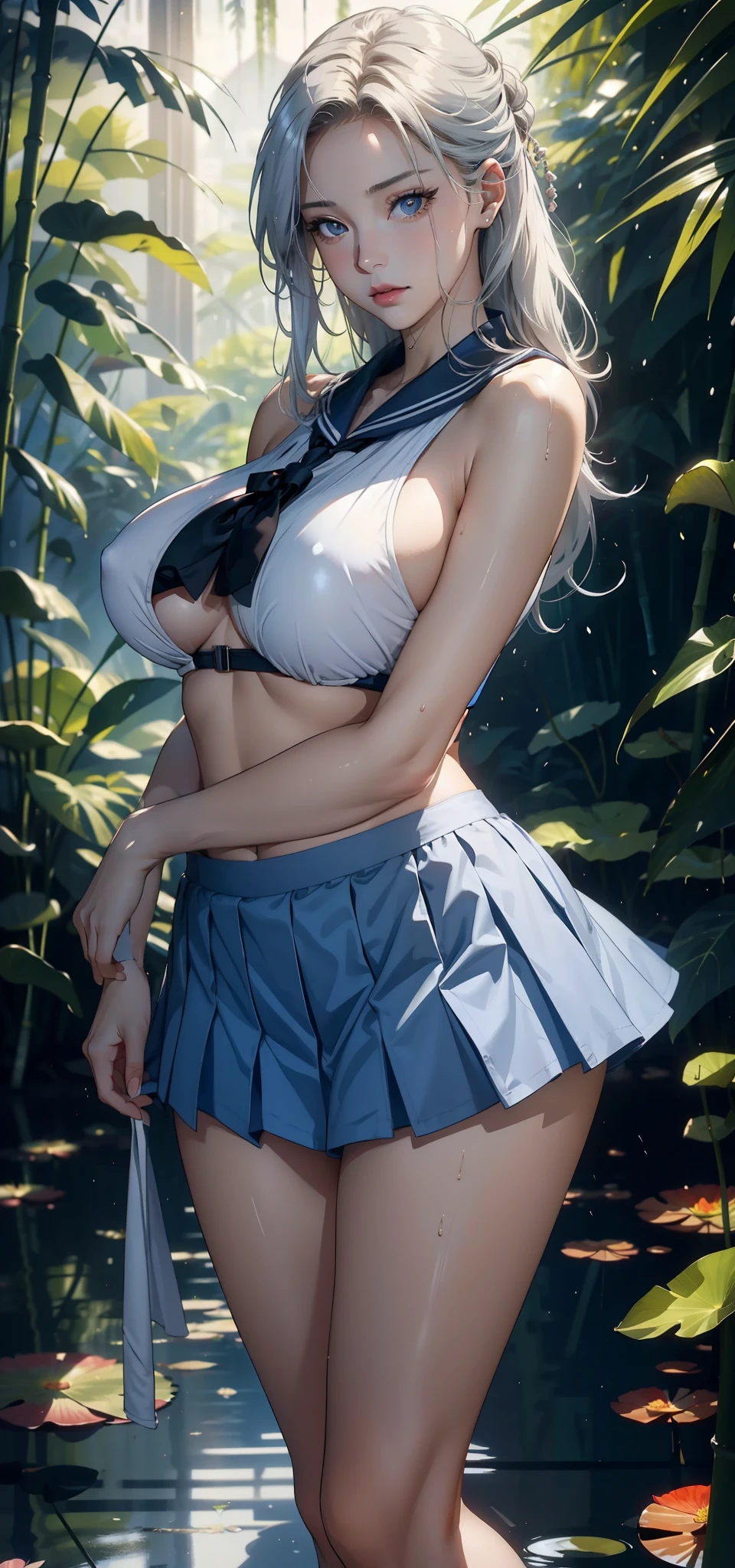1 female,35 years old,Slim,Very large ,Big breasts and thin waist,Long legs, 1 female,35 years old,MILF,Big breasts and thin waist,Slim,Large chest ,exposure, solo,(background:bamboo forest,lotus,lotus,lotus池) She has short silver-white hair,Stand up,Sweating,Soaked,From the front, Straight Hair, partly cloudy,(((masterpiece),(Very detailed CG unified 8K wallpaper),Best quality,Movie Lighting,細緻的background,Beautiful and delicate eyes,Smart pupils,black eyes,(Very delicate and beautiful),(Beautiful and detailed description of the eyes),Ultra Detailed,masterpiece,)),Facing the camera,high resolution,Ultra Detailed),Exposing breasts,Exposed genitals, Convex,Legs open,Convex起性感,camel toe,flushed face front,High School Students(Wear:,Sailor Suit,Blue ultra-short pleated skirt,sports shoes,Bare breasts,)