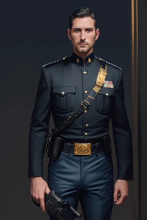 30 year old man with dark blue police uniform without hat black horse military cut gold plate black leather belt with foot holster dark blue pants holding gun in hand looking straight at viewer on a background of New Orleans at night